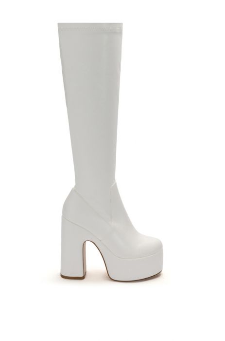 white knee high platform faux leather chunky heel boots