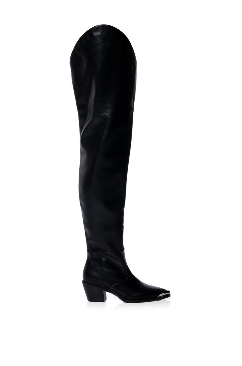 black faux leather western style thigh high cowboy boots