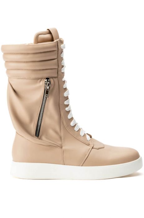 cream faux leather high top shoes with white laces and sole