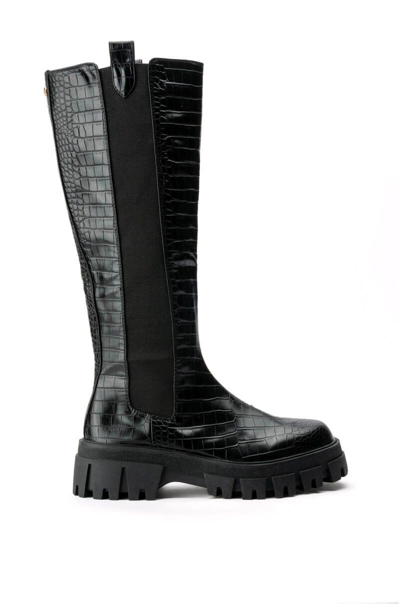 flat black platform mid-calf chelsea boots with snakeskin design