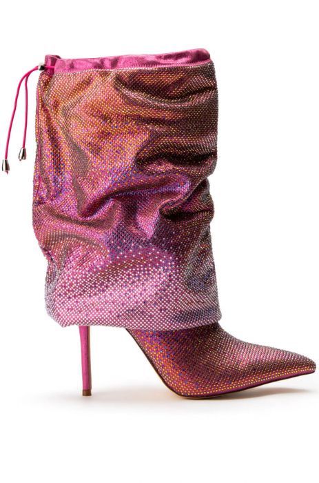 pink and orange pointed toe stiletto boots with puffer fold over drawstring detail