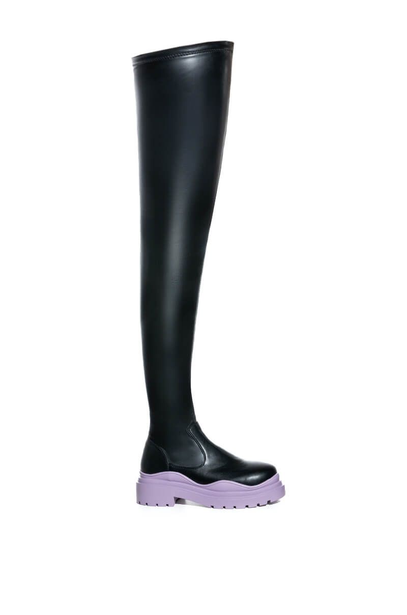 Flat platform faux leather black thigh high boots with a light blue sole