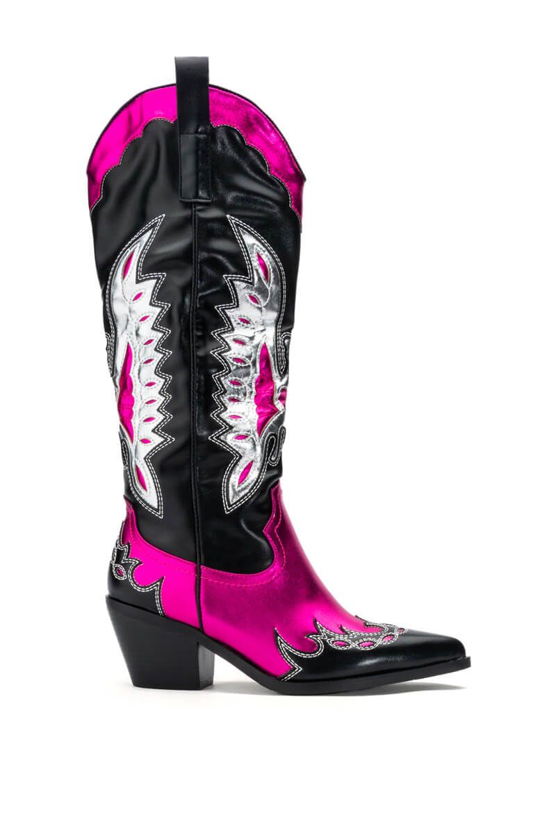 black pointed toe western style cowboy boots with metallic pink and silver accents